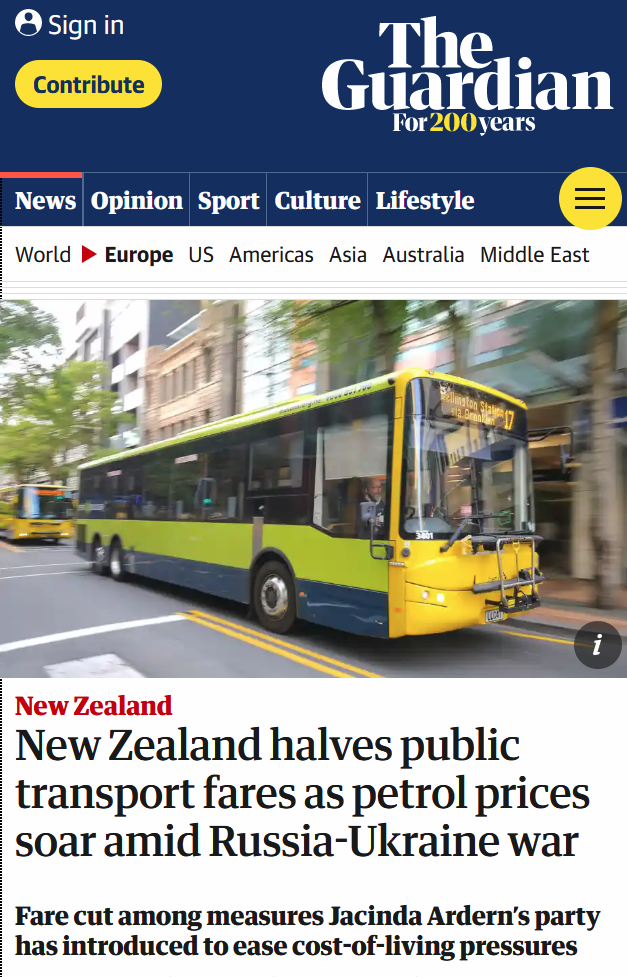 Skärmavbild The Guardian: Nya Zeeland halverar kollektivtrafikpriserna